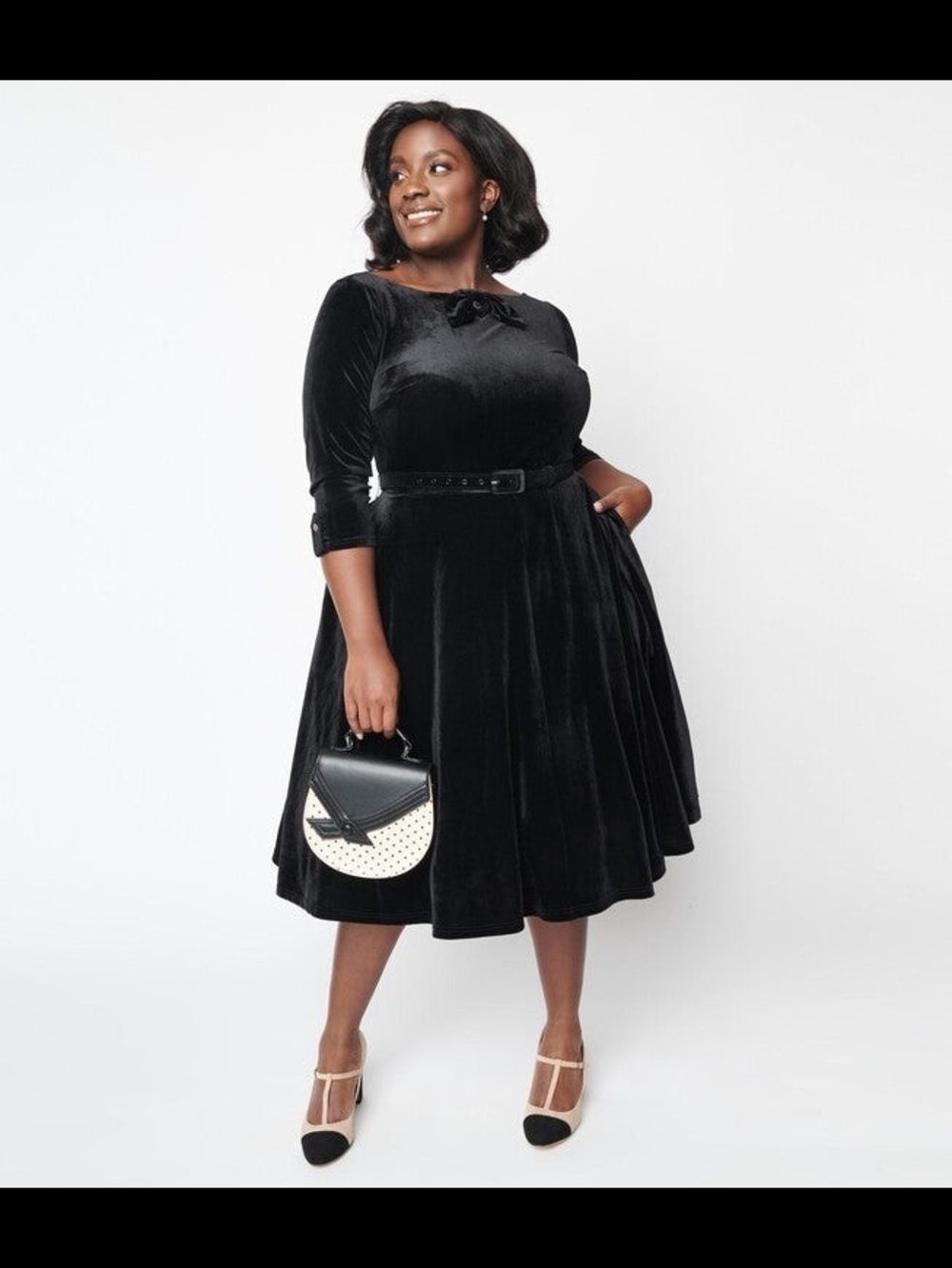 Unique Vintage Black Velvet Fit-and-Flare Bow Devon swing Dress with Belt